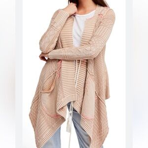 Free People Beige Cable Knit Draped Open Cardigan with Pockets